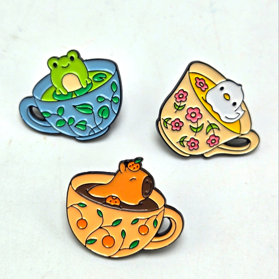 Nwt Lot Of 3 Capybara Frog Duckling Tea Cup Lapel Pins Floral Coffee Pinback